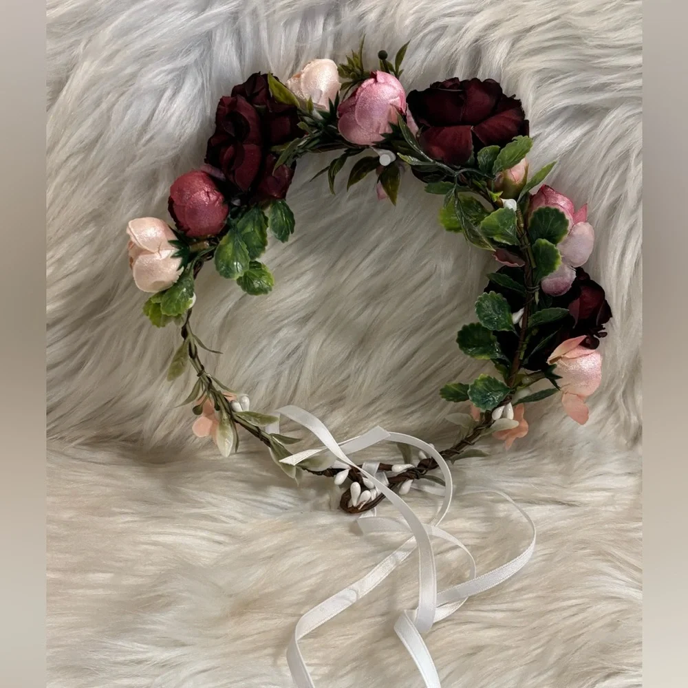 Floral Headband with Pink and Burgundy Roses photo prop wedding accessory